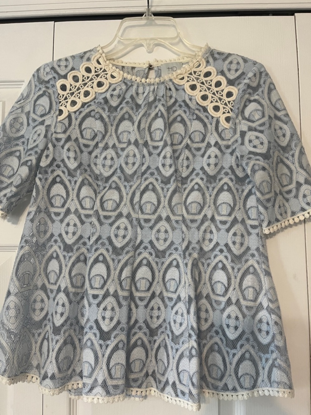 Anthropologie HD in Paris Light Blue Lace Peplum Top with Cream Trim